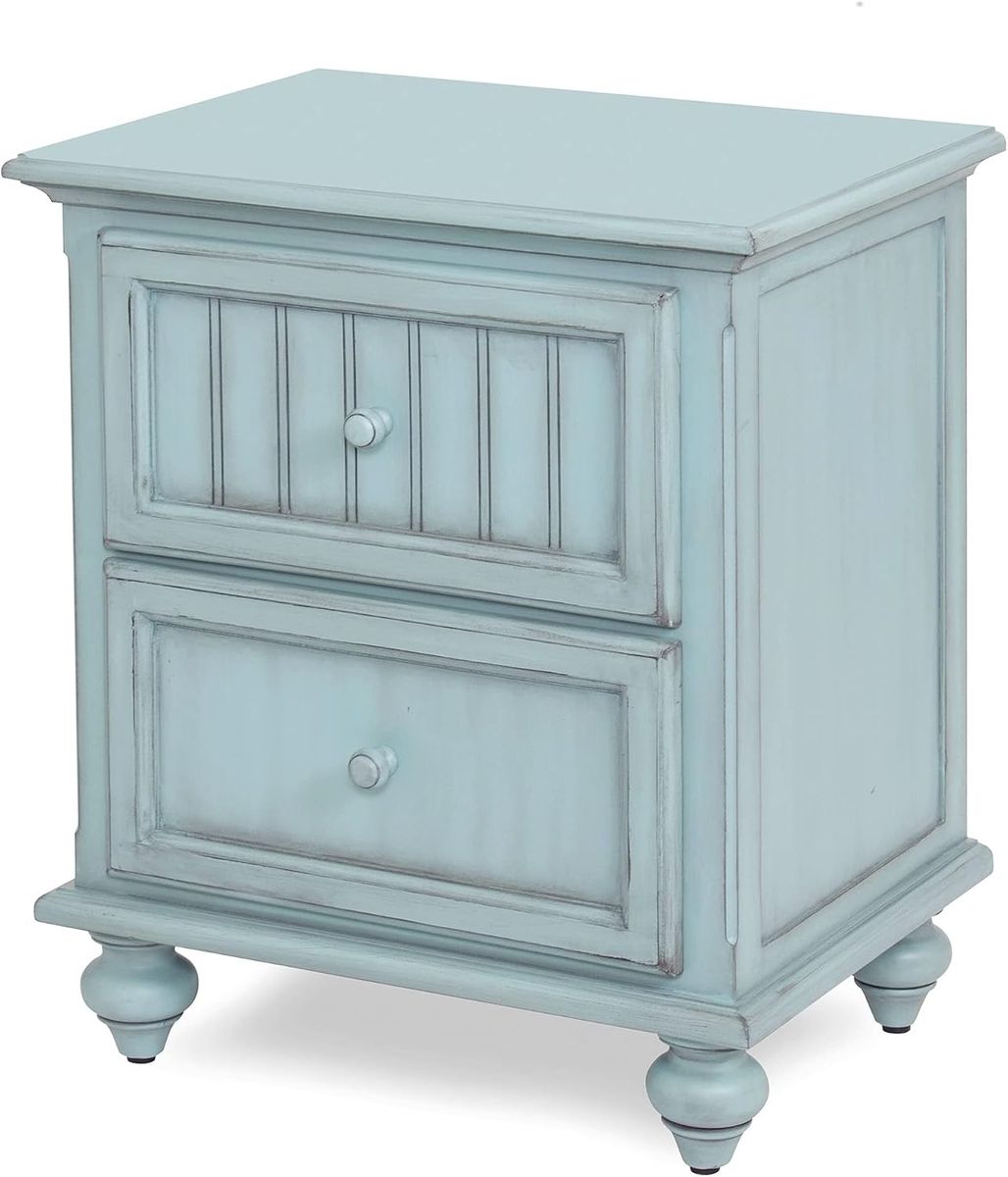 SeaWinds Monaco 2 Drawer Nightstand with Distressed Bleu Finish, Solid Mindi Wood, 28 H x 24 W x 18 D Inches - New in Box