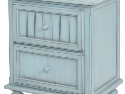 SeaWinds Monaco 2 Drawer Nightstand with Distressed Bleu Finish, Solid Mindi Wood, 28 H x 24 W x 18 D Inches - New in Box