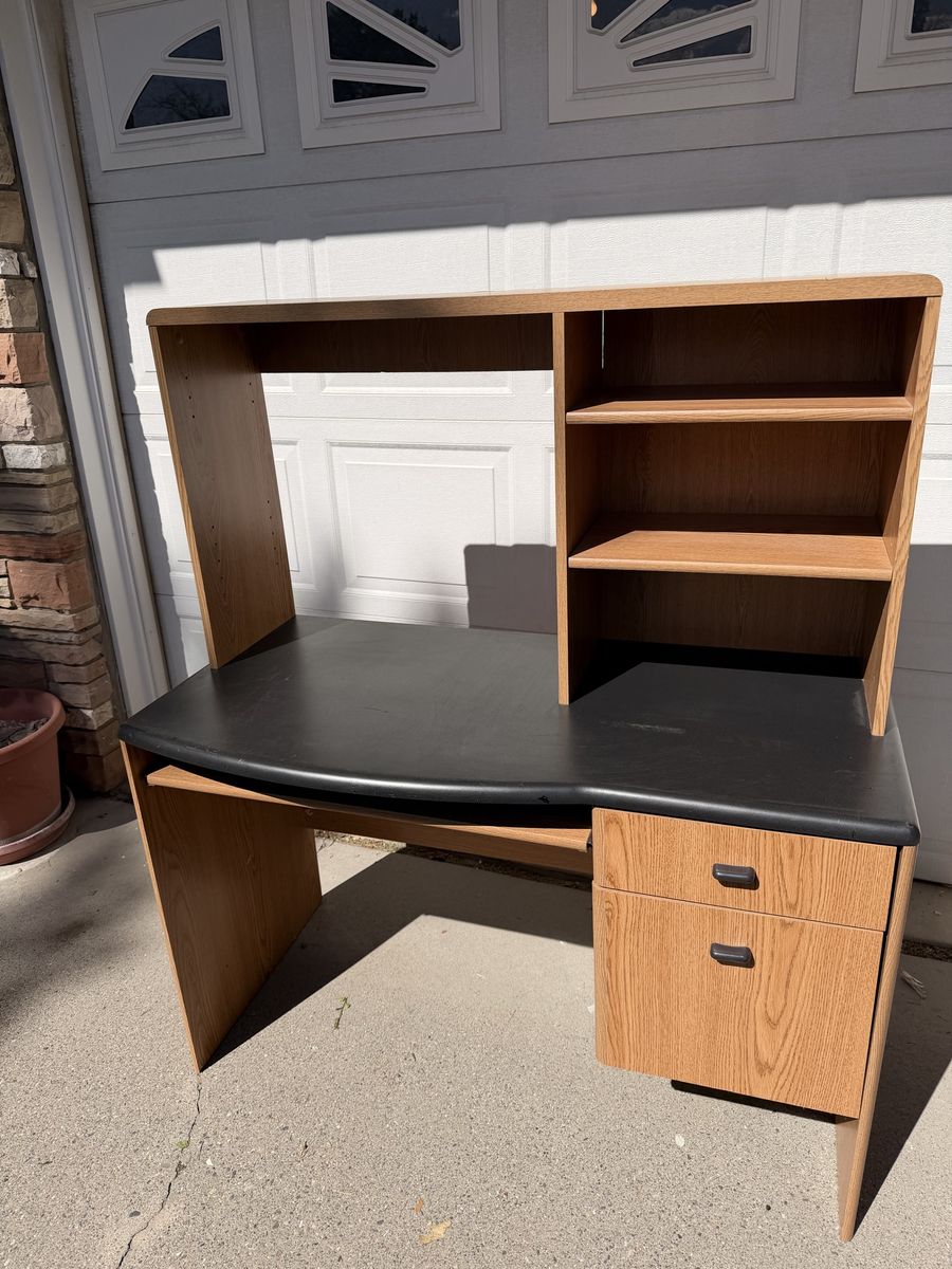 Oak Finish Computer Desk with Hutch, Keyboard Tray & Drawers - Home Office Furniture