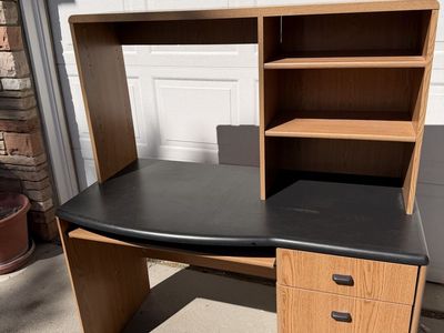 Oak Finish Computer Desk with Hutch, Keyboard Tray & Drawers - Home Office Furniture