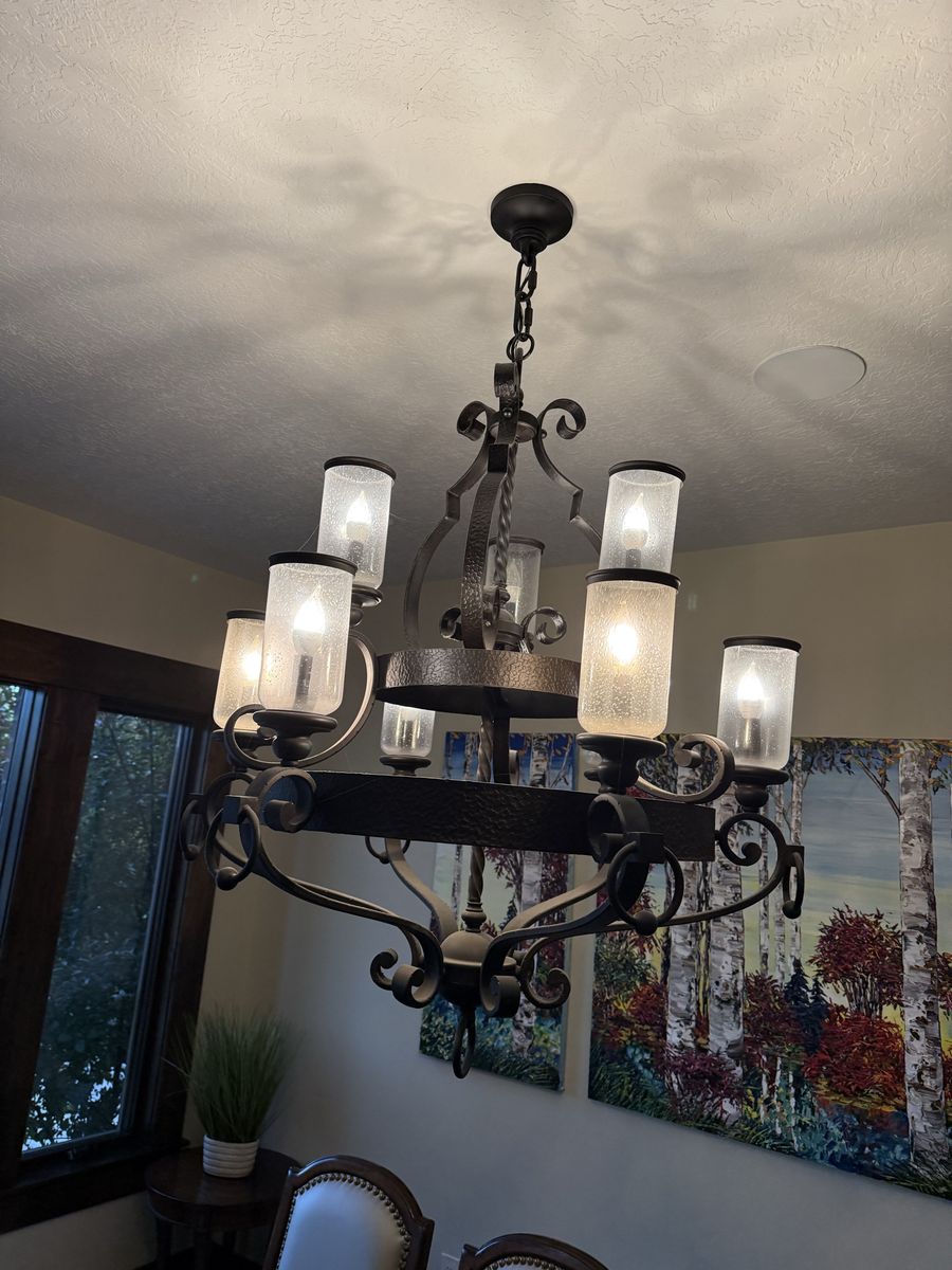 Large Wrought Iron Chandelier - 9-Light, Rustic/Industrial Style, Clear Frosted Glass Shades