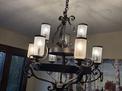 Large Wrought Iron Chandelier - 9-Light, Rustic/Industrial Style, Clear Frosted Glass Shades
