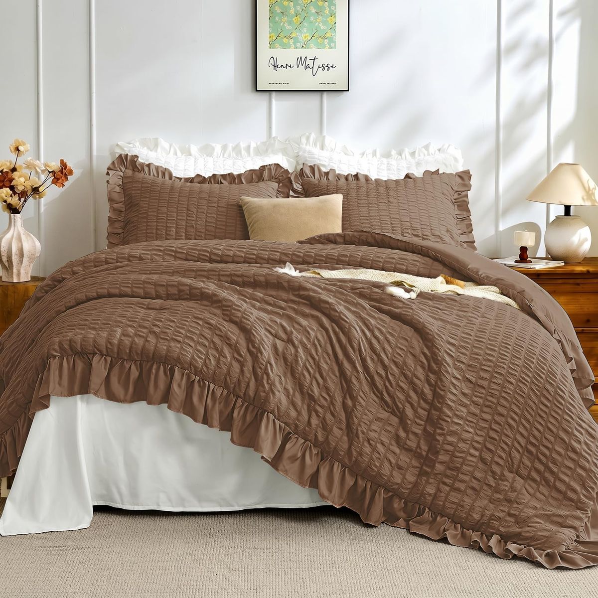 JOLLYVOGUE Oak Brown Twin/Twin XL Comforter Set, 2 Pieces Seersucker Lightweight Fluffy Bedding Set, Twin Ruffle Comforter