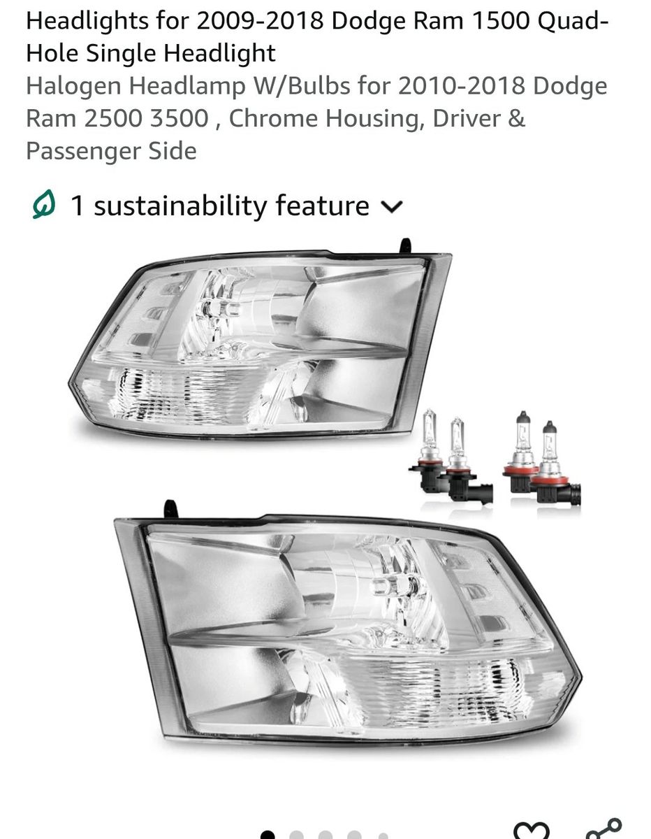Halogen Headlamp W/Bulbs for 2010-2018 Dodge Ram 2500 3500 - Chrome Housing, Driver & Passenger Side