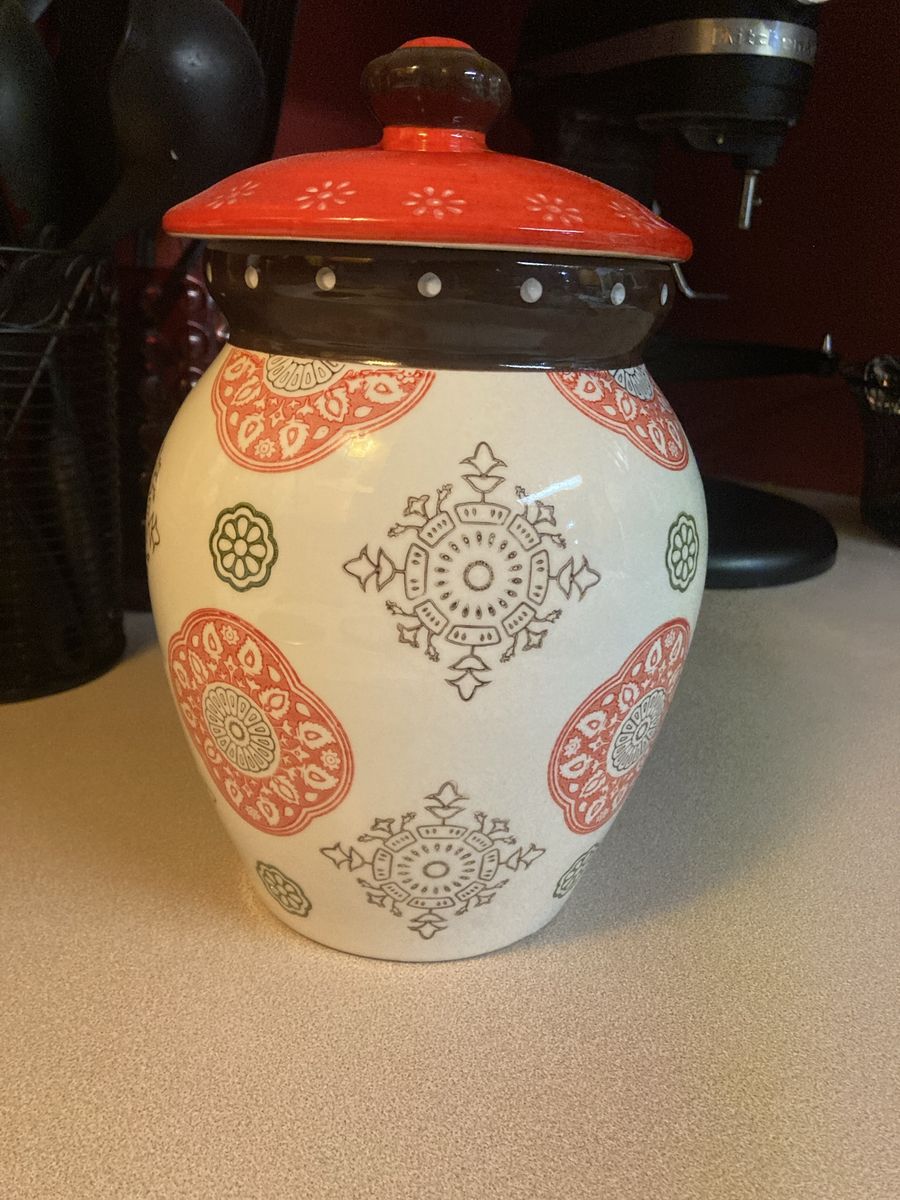 Decorative Red & White Medallion Ceramic Canister with Lid - Farmhouse Kitchen Decor