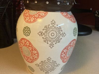 Decorative Red & White Medallion Ceramic Canister with Lid - Farmhouse Kitchen Decor