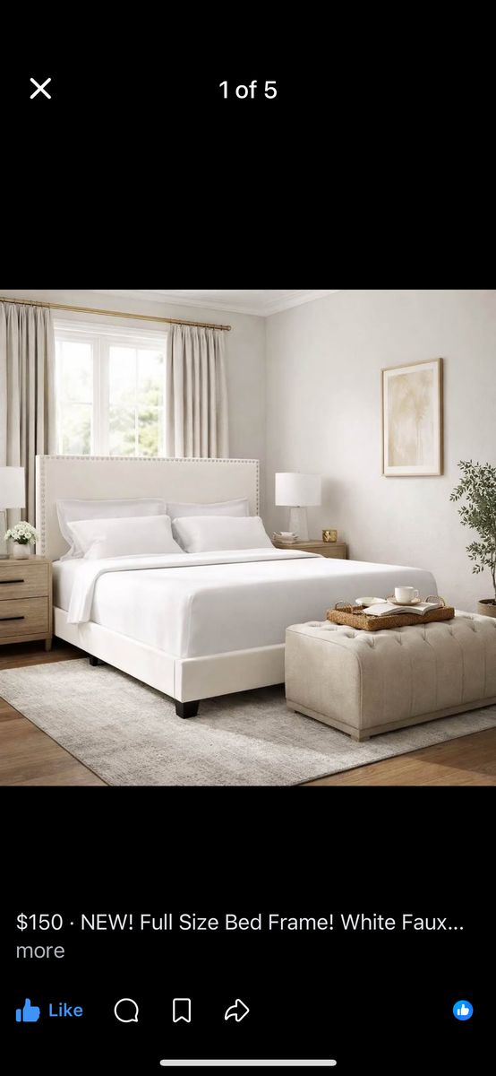 NEW White Upholstered Full Bed Frame w/ Studded