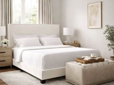 NEW White Upholstered Full Bed Frame w/ Studded