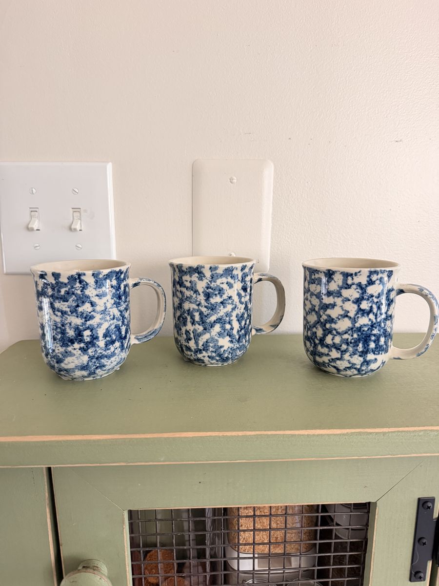 Set of 3 Blue and White Speckled Ceramic Coffee Mugs spongeware stoneware