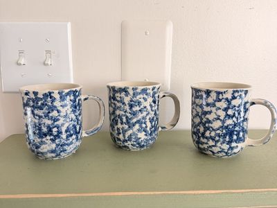 Set of 3 Blue and White Speckled Ceramic Coffee Mugs spongeware stoneware