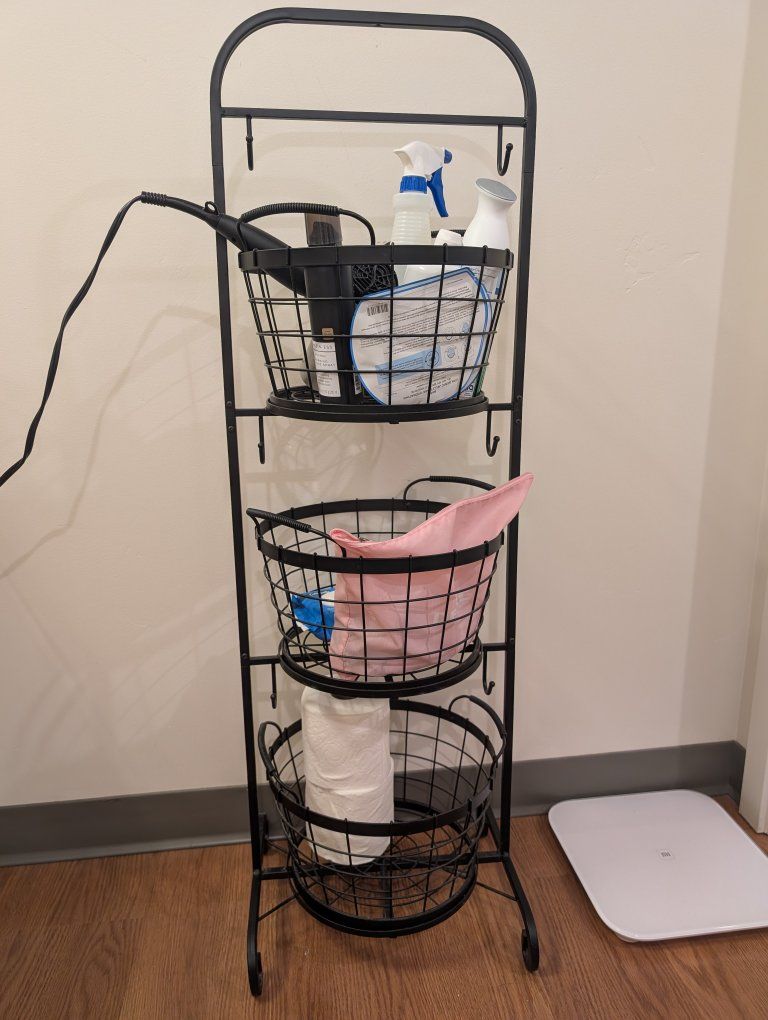 Mesa 3-Tier Wrought Iron Market Basket Stand, Black, Storage for Kitchen, Bathroom, Pantry