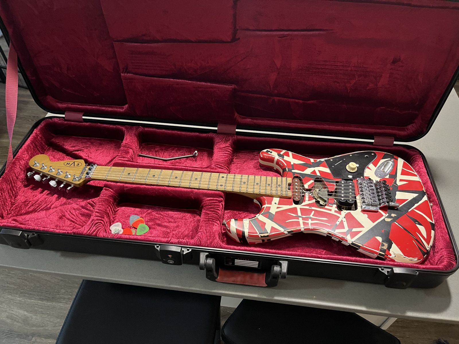 EVH Striped Series Frankie Electric Guitar - Red, White, & Black Relic Finish with Hard Case