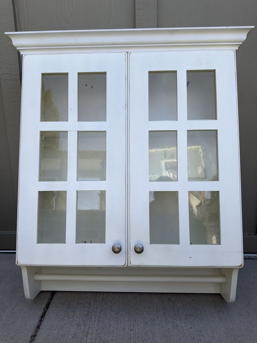White Wall Cabinet with Glass Doors & Towel Bar