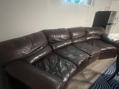 Brown Leather Curved Sectional Couch Sofa