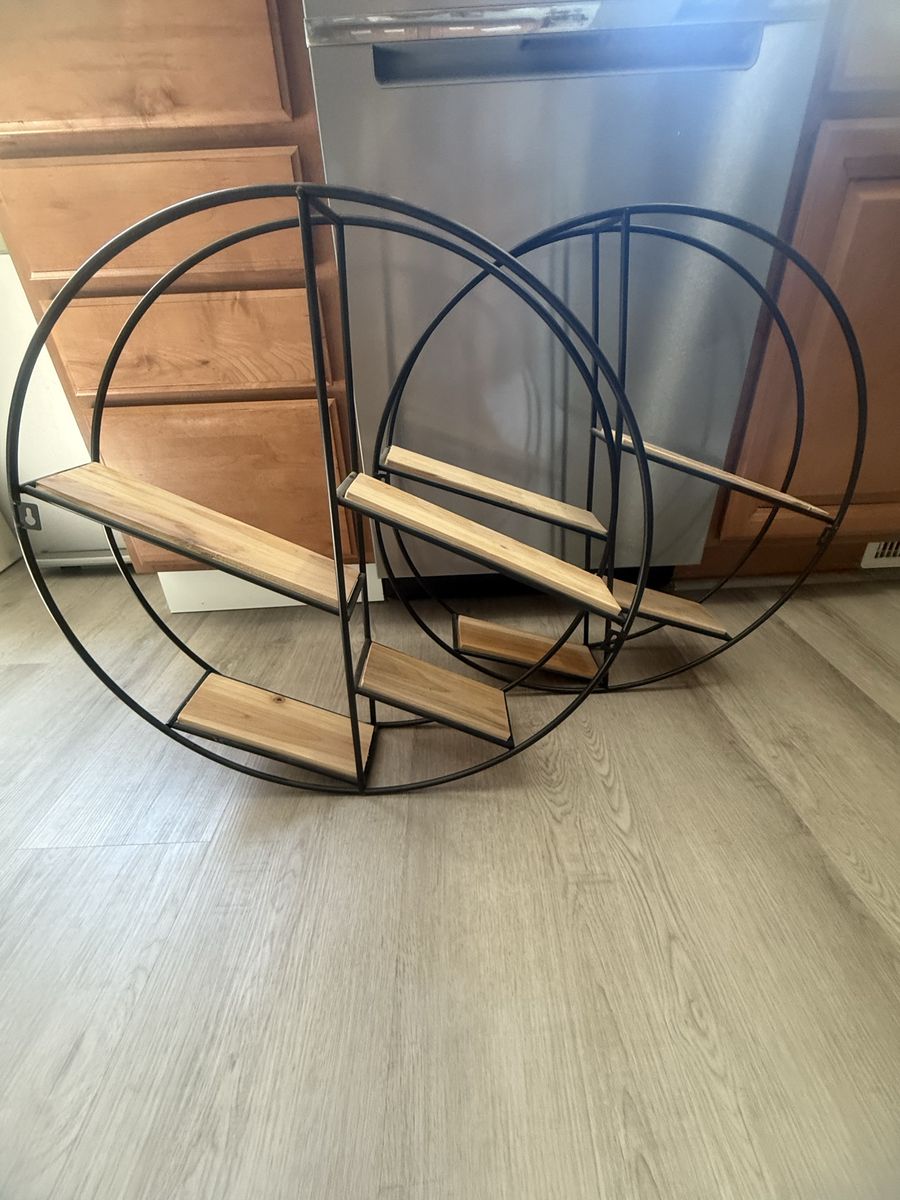 Industrial Style Round Wall Shelves - Set of 2 Floating Shelves, Wood & Metal Display Decor