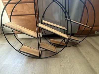 Industrial Style Round Wall Shelves - Set of 2 Floating Shelves, Wood & Metal Display Decor