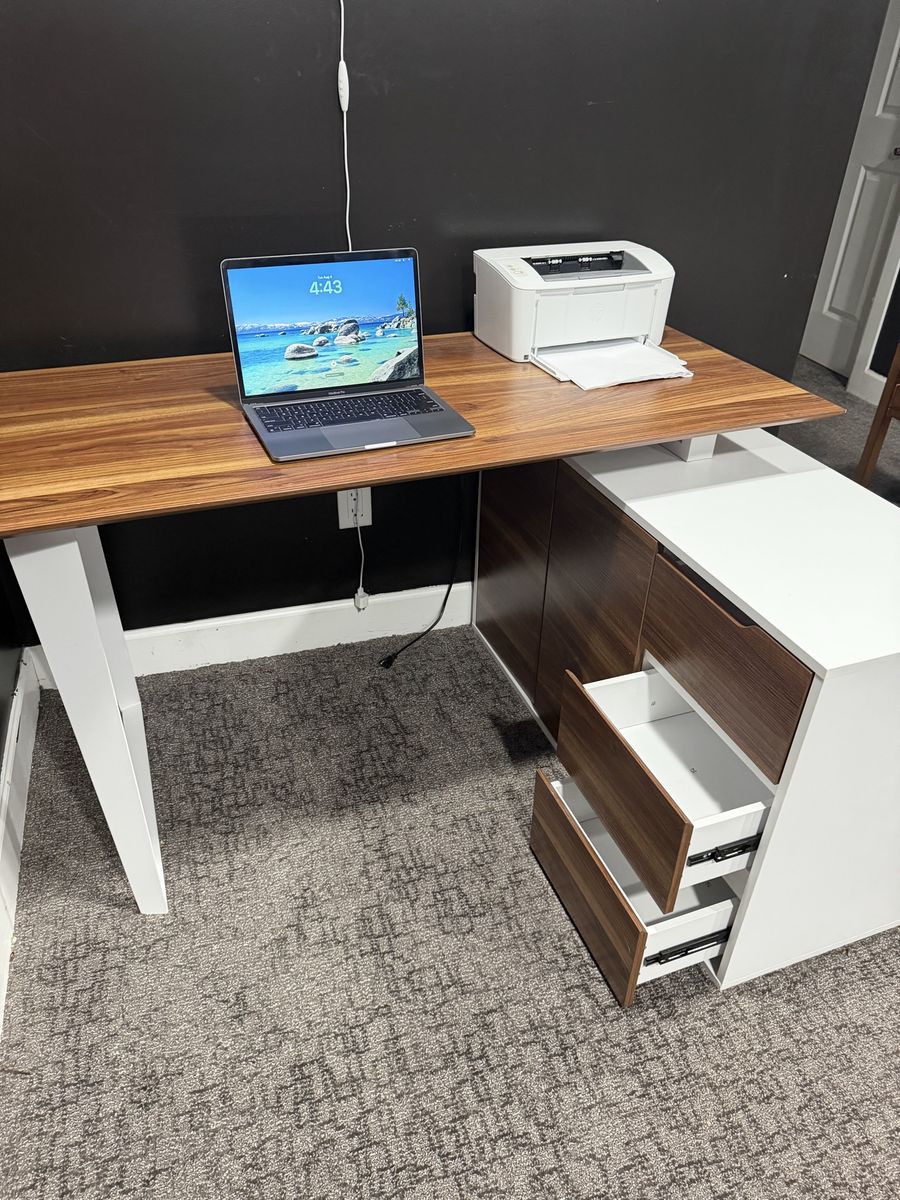 Modern L-Shaped Executive Office Desk with Storage Drawers - Wood Grain & White