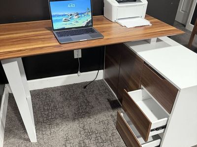 Modern L-Shaped Executive Office Desk with Storage Drawers - Wood Grain & White