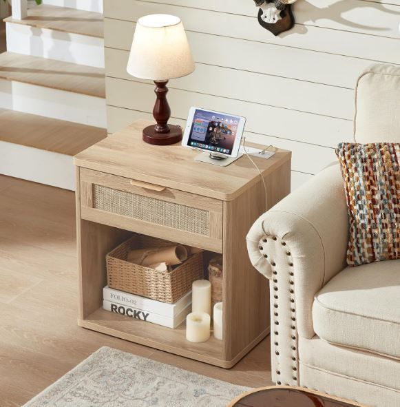 NEW & ASSMEBLED! Side Table Nightstand w/Charging Station & Drawer, Natural Wood