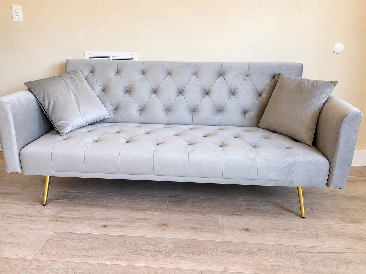 Modern Grey Velvet Tufted Convertible Futon Sofa with Gold Legs & Throw Pillows