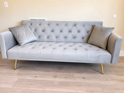 Modern Grey Velvet Tufted Convertible Futon Sofa with Gold Legs & Throw Pillows