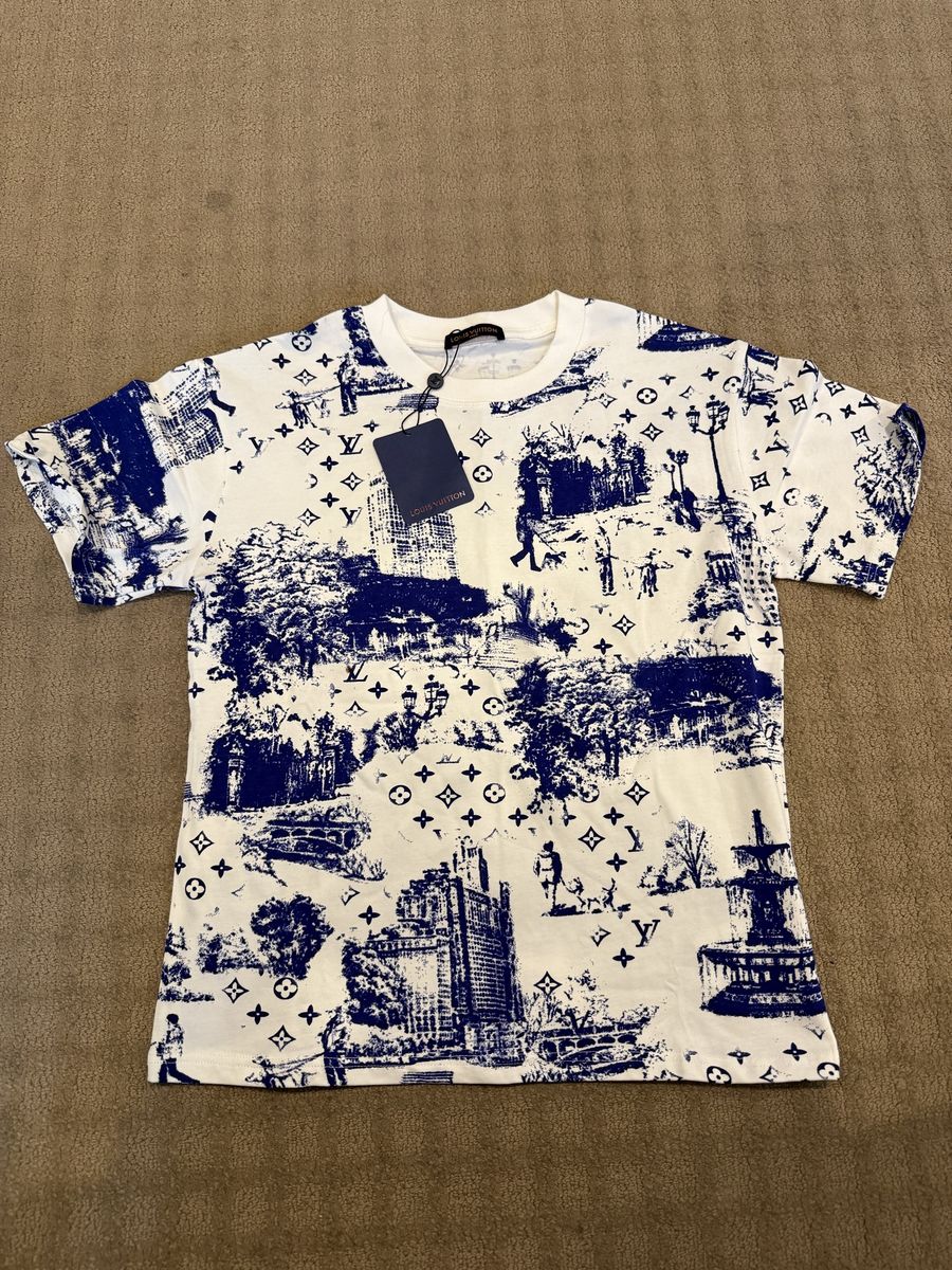 Louis Vuitton Blue and White Toile De Jouy Print T-Shirt Small and 2XL
