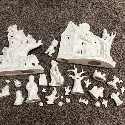 Halloween Ceramic Paintable Set: Haunted Houses, Ghosts, Witch, & More - Ready to Customize