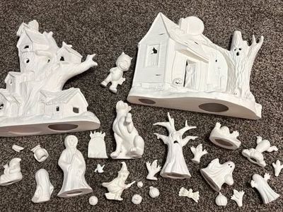 Halloween Ceramic Paintable Set: Haunted Houses, Ghosts, Witch, & More - Ready to Customize