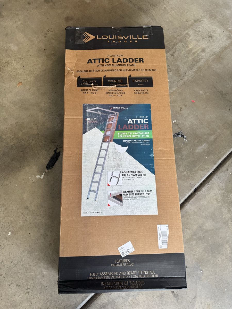 Louisville AH2211 Aluminum Attic Ladder - 7ft-9ft 10in Ceiling Height, 375lbs Capacity, New