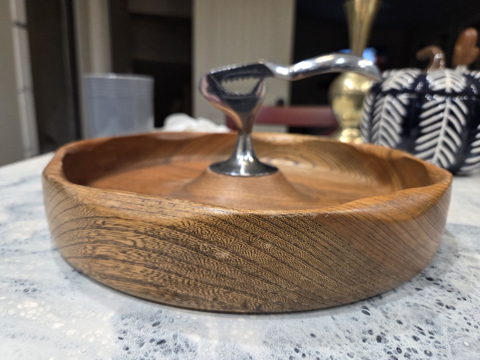 Vintage Mid-Century Modern Wooden Nut Bowl with Built-In Nutcracker