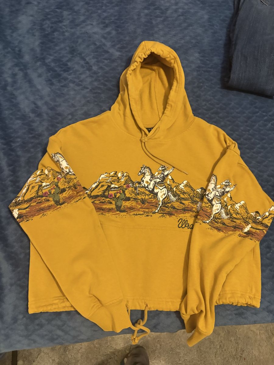 Wrangler Retro Mustard Yellow Cowboy Graphic Drawstring Hoodie Medium