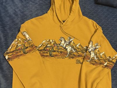 Wrangler Retro Mustard Yellow Cowboy Graphic Drawstring Hoodie Medium