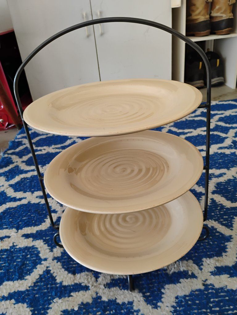 Complete Tiered Stand Set - Pre-assembled Ceramic Servers with Black Iron Arch Frame