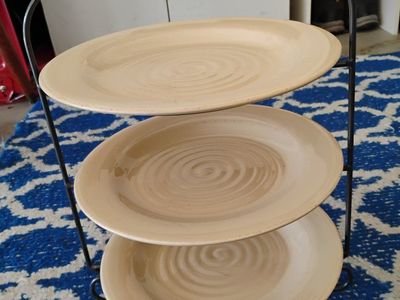 Complete Tiered Stand Set - Pre-assembled Ceramic Servers with Black Iron Arch Frame