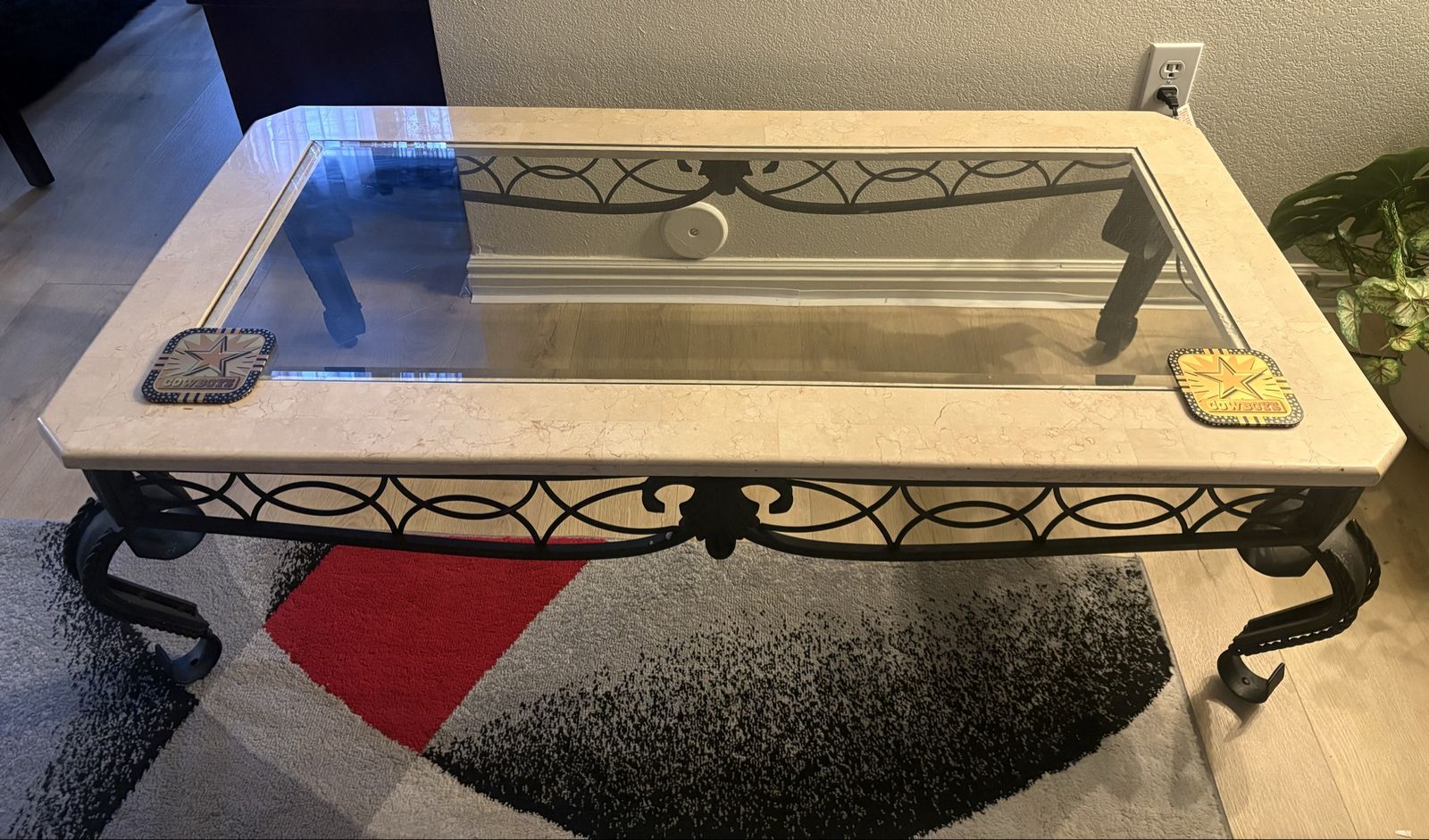 Wrought Iron and Marble Top Coffee Table with Matching End Tables