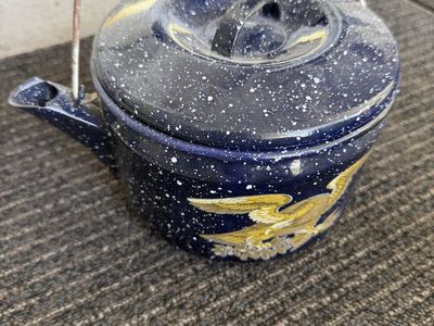 Vintage Blue Enamelware Speckled Kettle Pot with Lid and Eagle Graphic