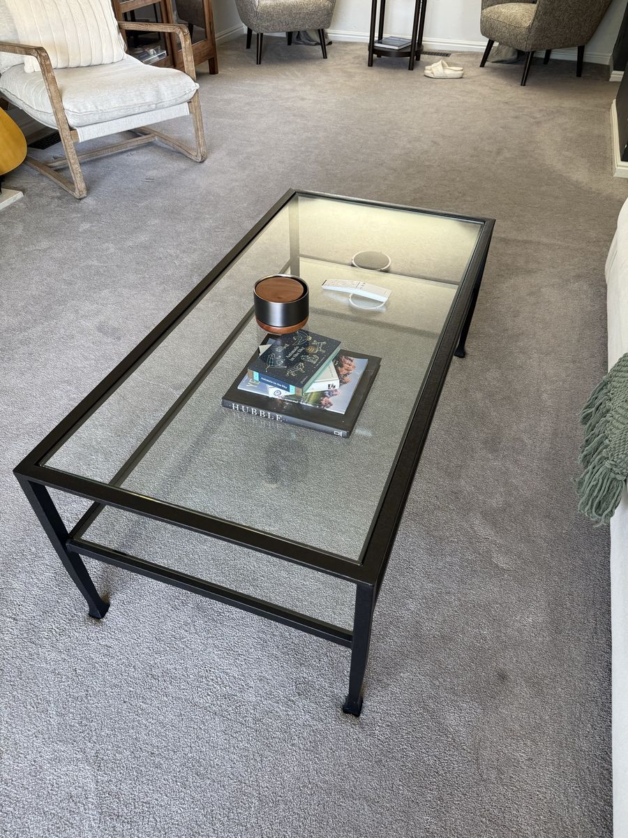 Glass Top Coffee Table, Black Metal Frame, Rectangular Modern Design, Living Room Furniture