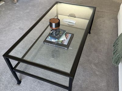 Glass Top Coffee Table, Black Metal Frame, Rectangular Modern Design, Living Room Furniture