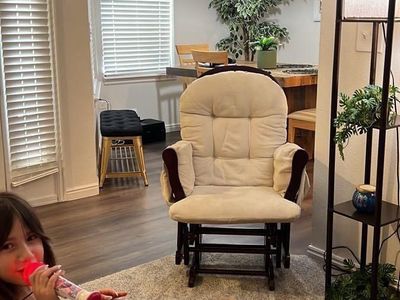 Wooden Glider Rocking Chair with Cream Cushions and Side Pockets