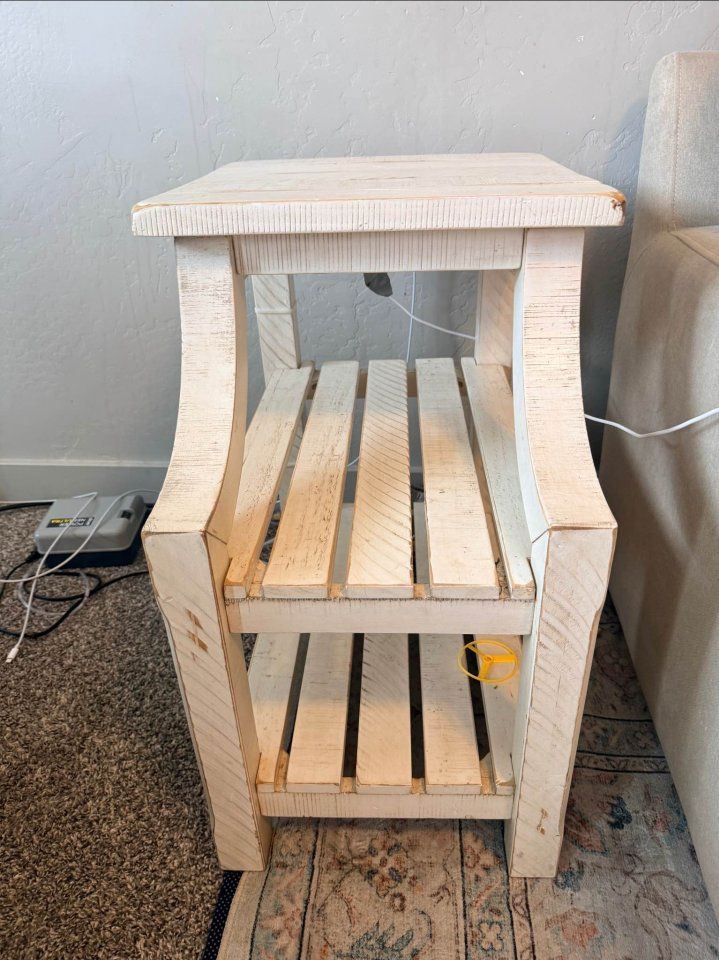 Farmhouse White Washed Wood End Table Nightstand with 2 USB Ports & 2 Power Outlets