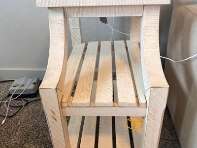Farmhouse White Washed Wood End Table Nightstand with 2 USB Ports & 2 Power Outlets