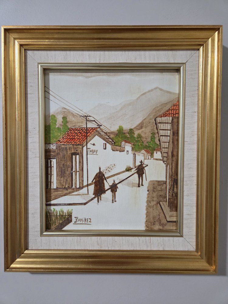 Framed Edgar Ramirez Village Landscape Painting Signed Art