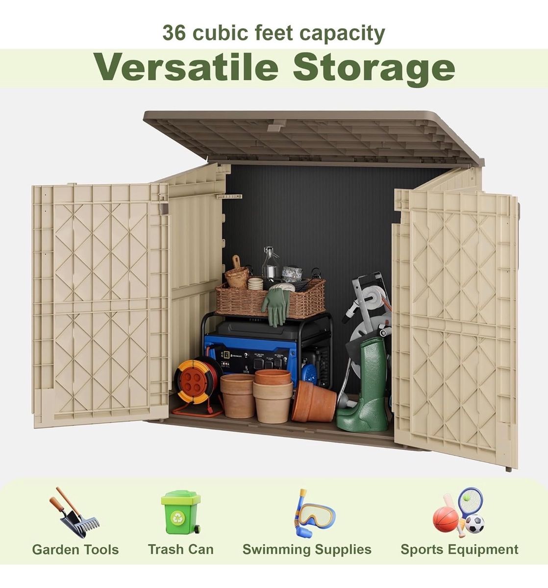 36 Cu. Ft. Horizontal Storage Shed - Waterproof Resin, Lockable, Versatile Outdoor Storage