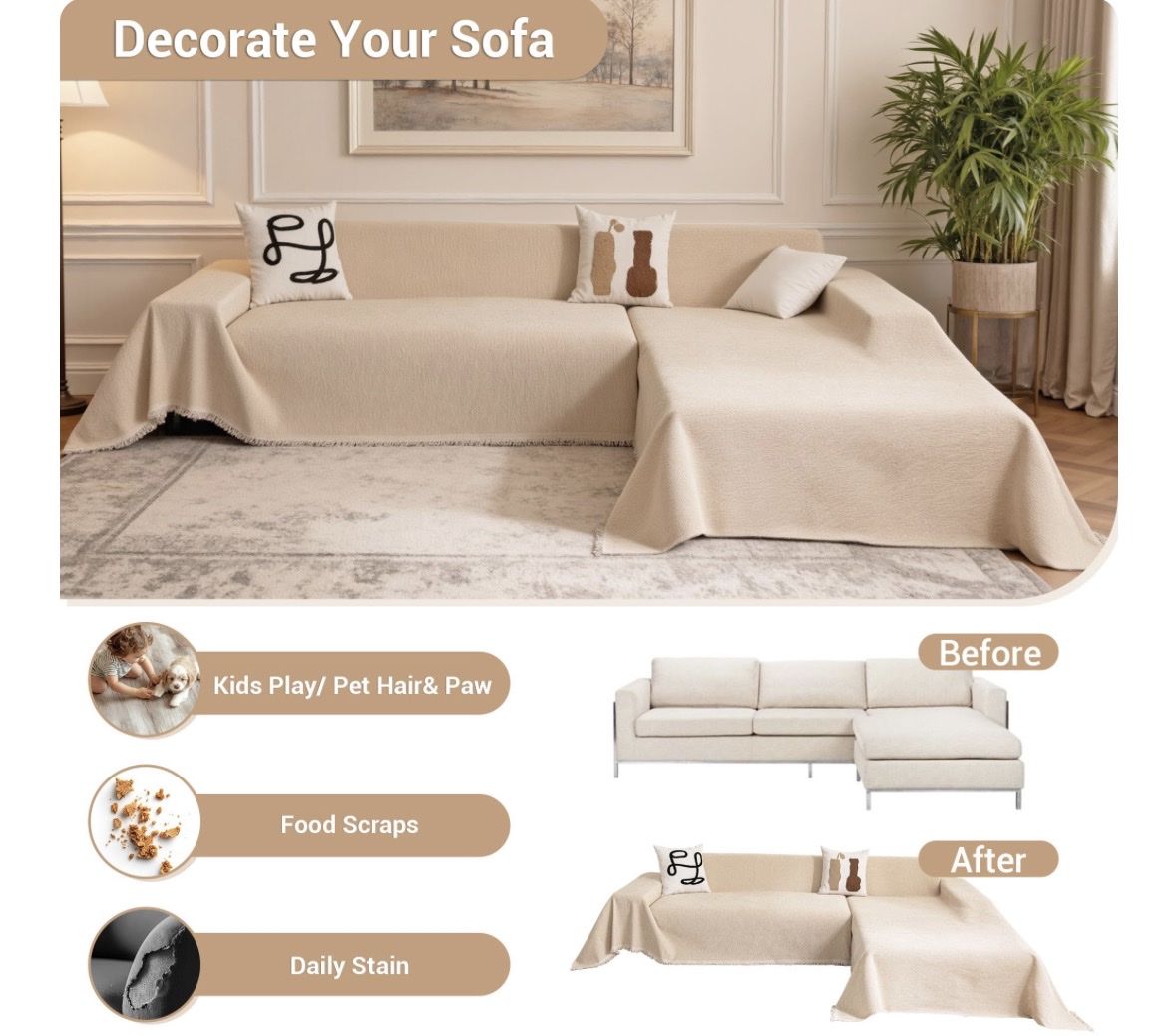 New- Cream L-Shaped Sectional Sofa Cover, Sofa Slipcover, Furniture Protector, Pet-Friendly