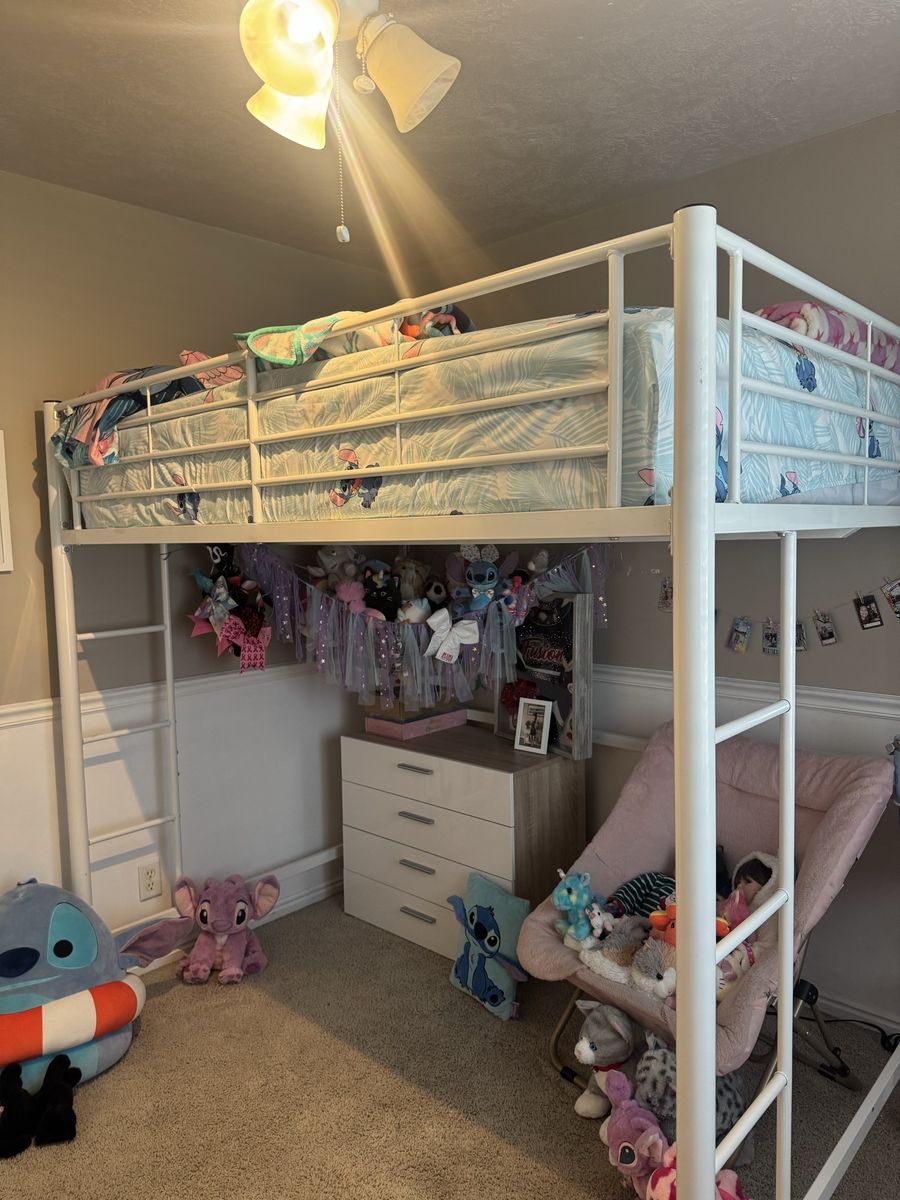 White Metal Full Loft Bed Frame with Built-in Ladder and Guardrails. Mattress not included. 