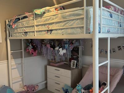 White Metal Full Loft Bed Frame with Built-in Ladder and Guardrails. Mattress not included.