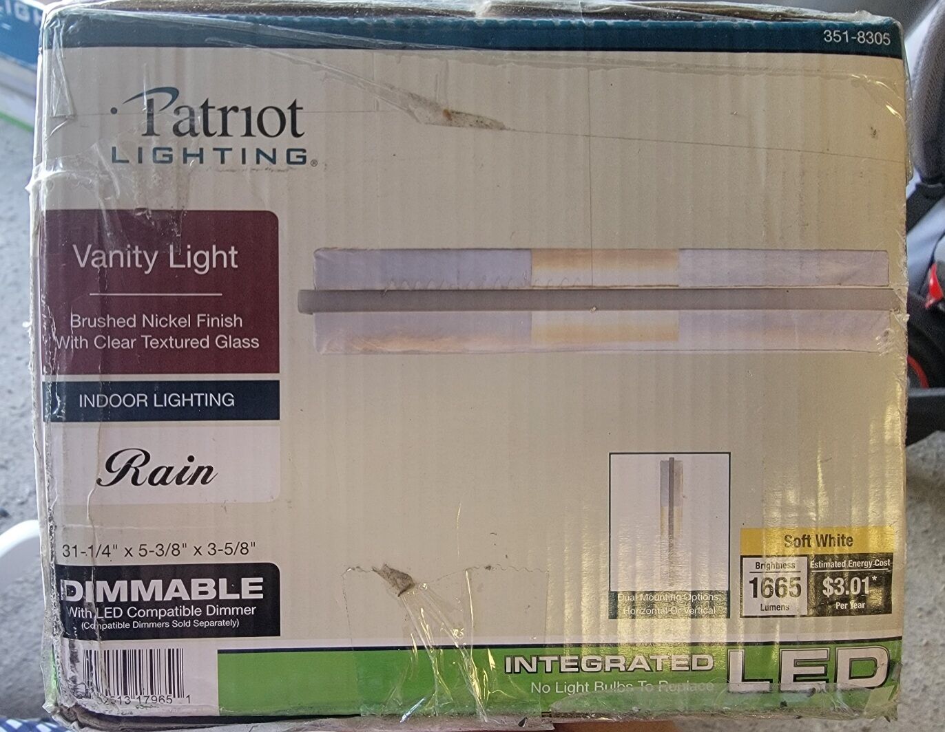 New in Box Patriot Lighting Rain Brushed Nickel LED Vanity Light