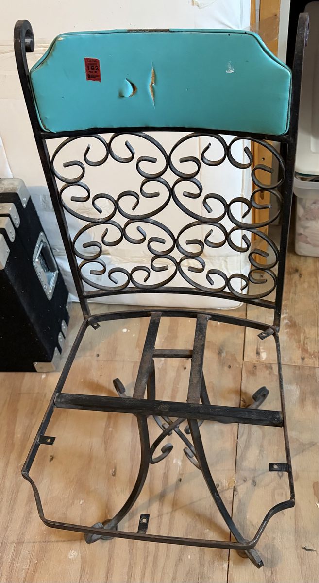 Vintage Wrought Iron Chair Frame with Teal Backrest - Ornate Scroll Design