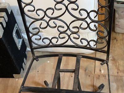 Vintage Wrought Iron Chair Frame with Teal Backrest - Ornate Scroll Design