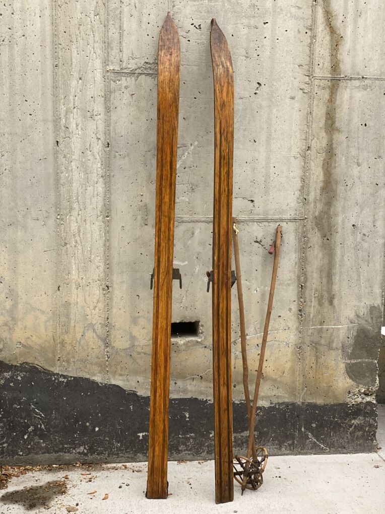 Vintage Wooden Skis Poles Cabin Decor